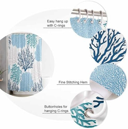 Shower Curtain Bathroom Set Classic Sea Blue Coral Waterproof Shower Curtains with Grommets Hooks Abstract Marine Life Scenery Privacy Bath Curtain for Bathtub Decor 72x72in