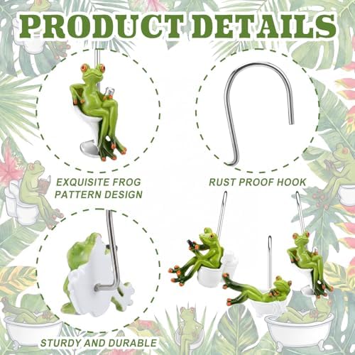 Roowest 12 Pcs Frog Shower Curtain Rings, Green Cute Stainless Steel