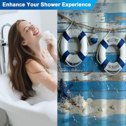 Waterproof Nautical Shower Curtain with Hooks, Deck Swim Ring Fabric Shower Curtains for Bathroom, Metal Grommets & Weighted Hem, Machine Washable Bathroom Shower Curtain Set, 72" W x 72" L