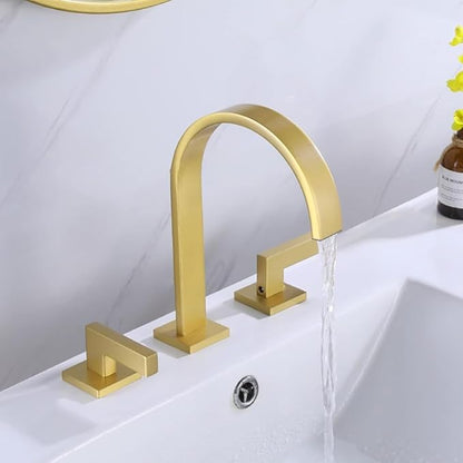 3 Hole Bathroom Faucet Hot and Cold Double Handle Waterfall(Brushed Gold)