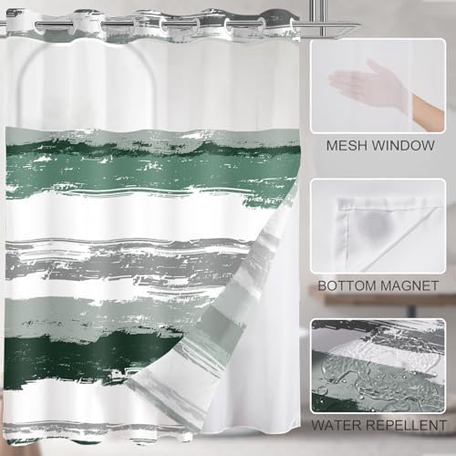 No Hook Shower Curtain with Liner, Dark Green Stripe, 71x74 Inch