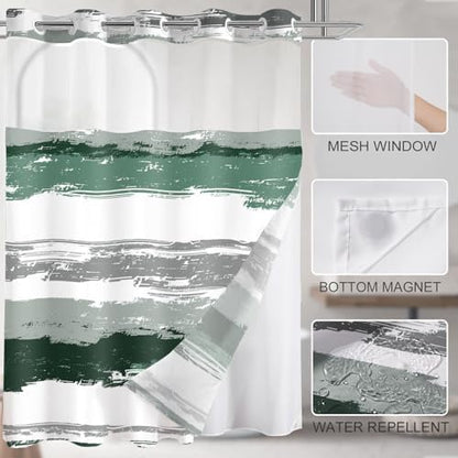 No Hook Shower Curtain with Liner, Dark Green Stripe, 71x74 Inch