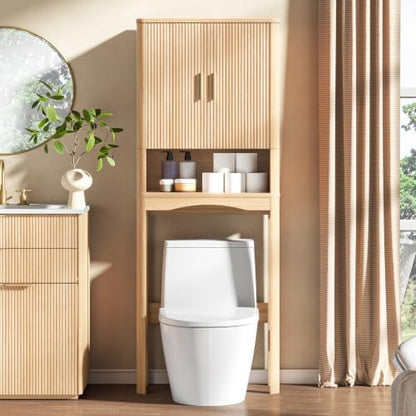 Vabches Farmhouse Over Toilet Storage Cabinet with 2 Fluted Doors,Natural