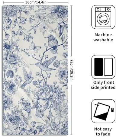 Chinoiserie Flowers Hand Towels Set of 2, Navy Blue Birds Floral Porcelain Decorative Bathroom Towel 28x14 Inch, Soft Absorbent Microfiber Wash Cloth for Kitchen Gym Hotel Home Decor
