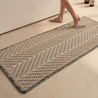 Sunfly Waffle Runner Bath Mat，Long Bathroom Rugs Non Slip Washable, Ultra Soft Super Absorbent Quick Dry Boho Farmhouse Bathroom Decor, 24" x 60", Black &Khaki
