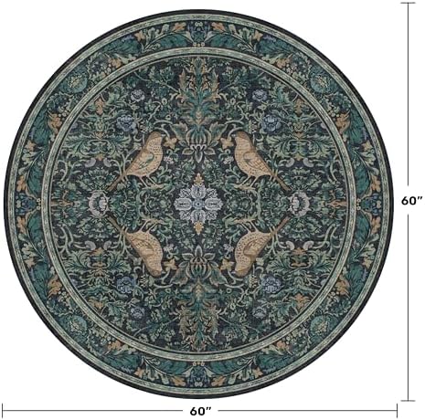 Washable 5ft Area Round Rug for Reading Corner - Vintage Floral & Bird Circular Rug for Kids Bedroom, Dining Room, Home Office, Blue and Green Low Pile for Small Living Room, Boho Anti-Slip Backing