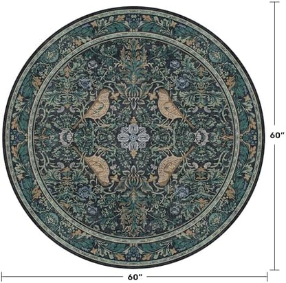 Washable 5ft Area Round Rug for Reading Corner - Vintage Floral & Bird Circular Rug for Kids Bedroom, Dining Room, Home Office, Blue and Green Low Pile for Small Living Room, Boho Anti-Slip Backing