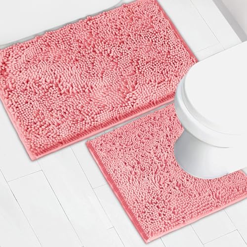Bathroom Rugs Chenille Bath mat 2 Piece Set, Super Absorbent, Strong PVC Non Slip Backing, Bath mats for Bathroom, Plush Shaggy, Thick, Machine Washable, Bathtub, Shower, Toilet.(Pink)