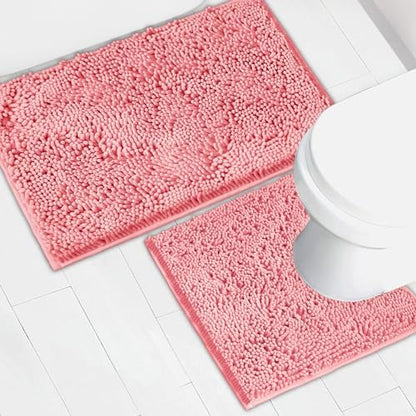 Bathroom Rugs Chenille Bath mat 2 Piece Set, Super Absorbent, Strong PVC Non Slip Backing, Bath mats for Bathroom, Plush Shaggy, Thick, Machine Washable, Bathtub, Shower, Toilet.(Pink)
