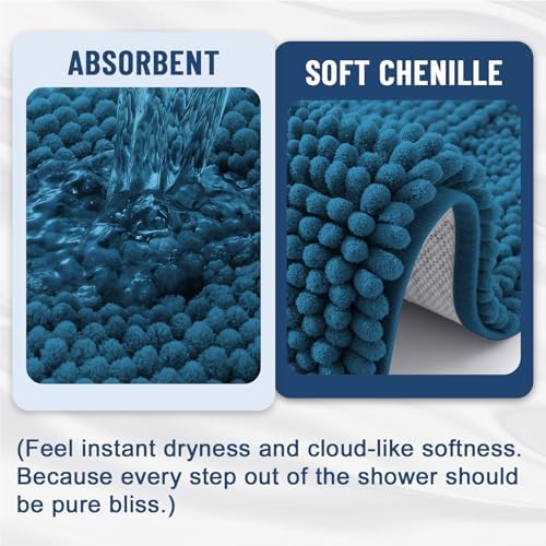 Grandaily Chenille Striped Bathroom Rugs 30x20, Extra Thick and Absorbent Bath Mats, Non-Slip Soft Plush Shaggy Shower Carpet, Machine Wash Dry, Bath Rug for Bathroom, (Medium, Peacock Blue)