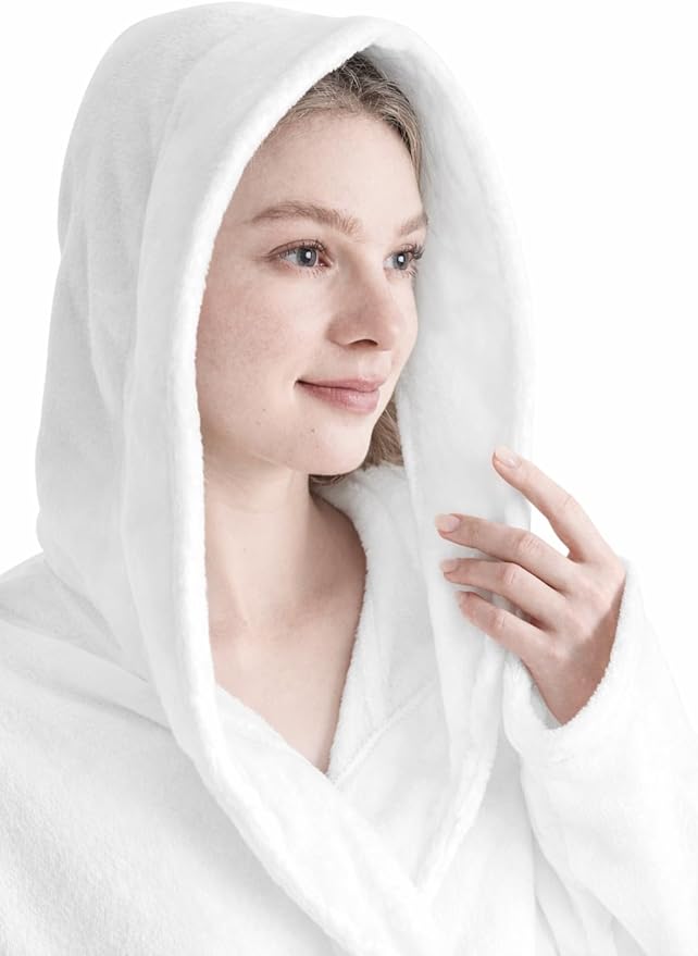 Robes for Women - Hooded Plush Fleece Bathrobe with Sash & Pockets, Full-Length Lightweight Spa Robe