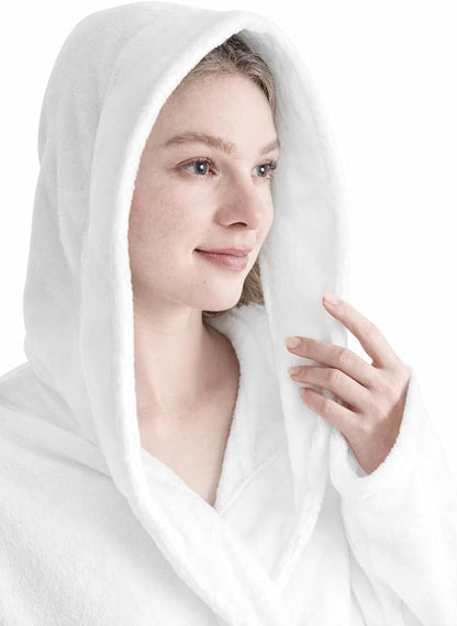 Robes for Women - Hooded Plush Fleece Bathrobe with Sash & Pockets, Full-Length Lightweight Spa Robe