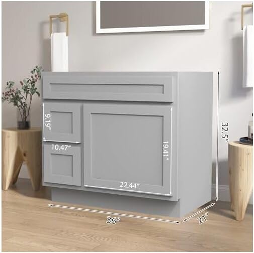 Vanity Art 36 Inch Single Bathroom Vanity Base Only Cabinet with 2 Functioning Shaker Drawers, Strudy Floor Mount Storage Cabinet Organizer for Bedroom, Living Room, Kitchen, VA4036-2LG