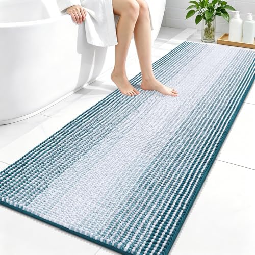 OLANLY Bathroom Runner Rugs 59x24, Chenille Striped Bath Rugs, Peacock Blue