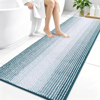 OLANLY Bathroom Runner Rugs 59x24, Chenille Striped Bath Rugs, Peacock Blue