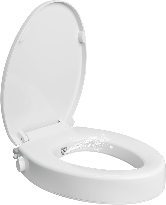 Raised Toilet Seat with Bidet for Seniors, 3" Height, Heavy Duty Slow Close Elevated Toilet Seat with Never Loosen Hinges, Fits Most Elongated Toilets, No Electric Cold Water Only (Elongated 18.5'')
