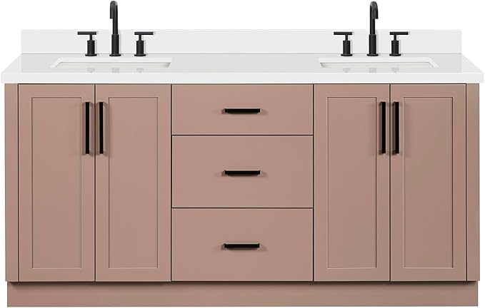 ARIEL Loren 72-inch Bathroom Vanity with Sink,Solid Wood, 1.5-inch Pure White Quartz Countertop, Double Rectangular Porcelain Sink, 4 Soft Closing Doors, 3 Dovetail Drawers, Mocha