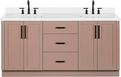 ARIEL Loren 72-inch Bathroom Vanity with Sink,Solid Wood, 1.5-inch Pure White Quartz Countertop, Double Rectangular Porcelain Sink, 4 Soft Closing Doors, 3 Dovetail Drawers, Mocha