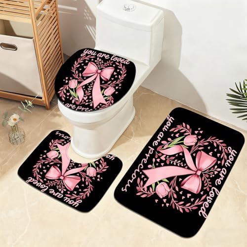 AZHM 4pcs Tulip Bow Bathroom Shower Curtain Set with Rugs and Accessories