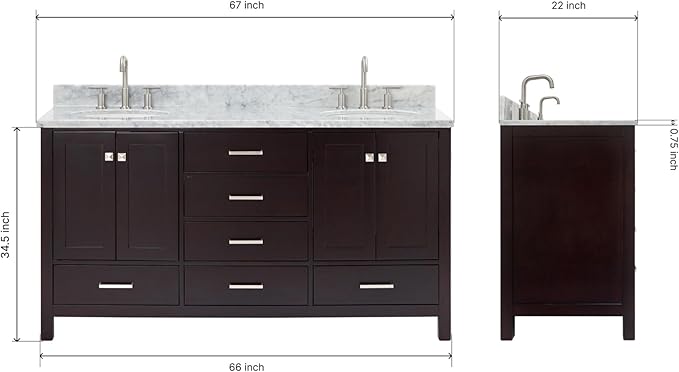 ARIEL Cambridge 66-inch Bathroom Vanity with Sink,Solid Wood, 0.75-inch Italian Carrara Marble Countertop, Double Oval Porcelain Sink, 4 Soft Closing Doors, 6 Dovetail Drawers, Espresso