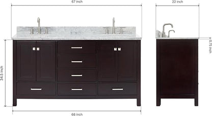 ARIEL Cambridge 66-inch Bathroom Vanity with Sink,Solid Wood, 0.75-inch Italian Carrara Marble Countertop, Double Oval Porcelain Sink, 4 Soft Closing Doors, 6 Dovetail Drawers, Espresso