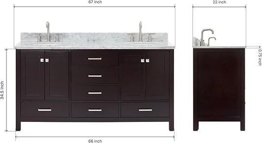 ARIEL Cambridge 66-inch Bathroom Vanity with Sink,Solid Wood, 0.75-inch Italian Carrara Marble Countertop, Double Oval Porcelain Sink, 4 Soft Closing Doors, 6 Dovetail Drawers, Espresso