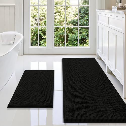 Smiry Chenille Bathroom Rugs Sets 2 Piece (59x20+24x16, Black)