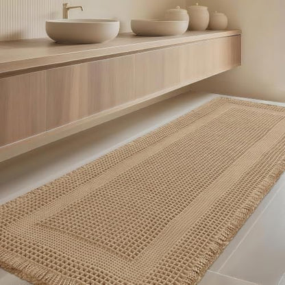 IM HOME Extra Large Waffle Bath Mat, Boho Bathroom Rugs Absorbent Non Slip, Soft Bathroom Mats, Machine Washable Knit Bath Rugs with Tassels for Bathroom, Bedroom, Kitchen, Shower, Tub, Beige, 6'x2'