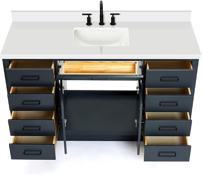 ARIEL Hepburn 60-inch Bathroom Vanity with Sink,Solid Wood, 1.5-inch Pure White Quartz Countertop, Single Rectangular Porcelain Sink, 2 Soft Closing Doors, 9 Dovetail Drawers, Midnight Blue