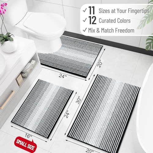 OLANLY Bathroom Runner Rugs 70x24, Soft Chenille Striped Bath Rugs, Black