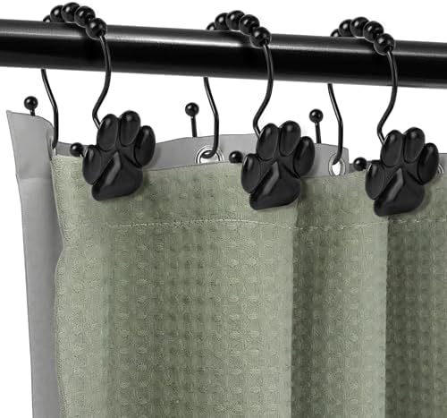 Sunlit Fashion Design Cute Paw Print Polished Double Shower Curtain Hooks for Dog Cat and Bear, Rust Proof Oil Metal Shower Curtain Rings, Black-12 Pack