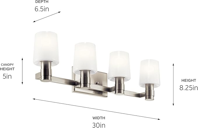 Kichler Adani 4-Light Vanity, Modern Light with Opal Glass in Brushed Nickel, Bathroom (8.25" x 30"), 55177NI