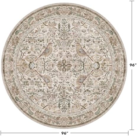 Hazo Haus Large 8ft Area Round Rug for Living Room - Vintage Circular Rug for Kids Bedroom, Dining Room, Home Office, Washable Floral Low Pile Non Slip, Moss Green & Olive Indoor Aesthetic Décor