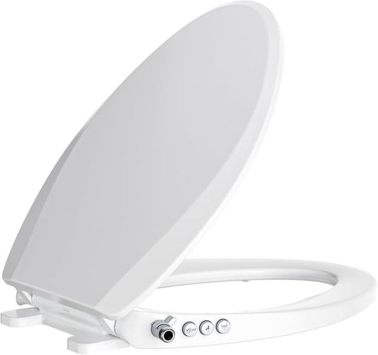 Bidet Toilet Seat, Soft Close Elongated Toilet Seat, Button control Feminine/Posterior Wash Switch, Knob Control Water Pressure,White Bidet Seat Attachment with Brass inlet Easy Installation