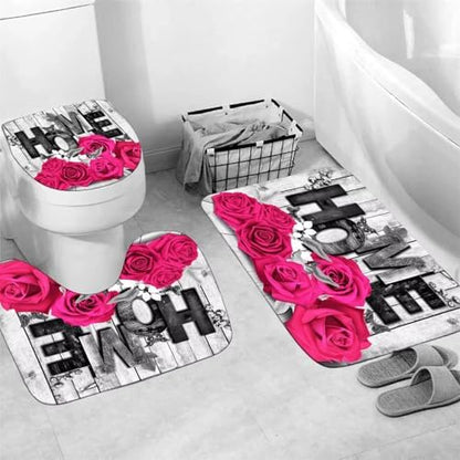 Yddsky 4 Pcs Pink Rose Shower Curtain Set with Rugs Bathroom Set