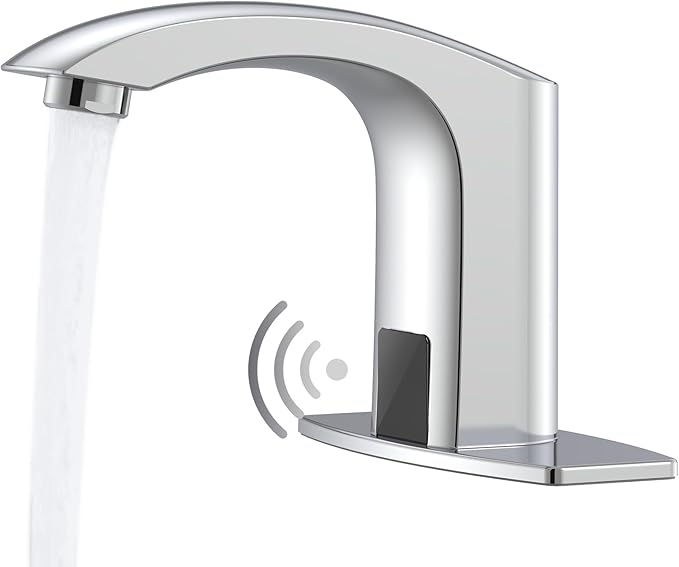 Touchless Bathroom Sink Faucet, Greenspring Automatic Sensor Faucet, Hands Free Vanity Faucets, Commercial Deck Mount Bathroom Faucet with Cover Plate, Chrome