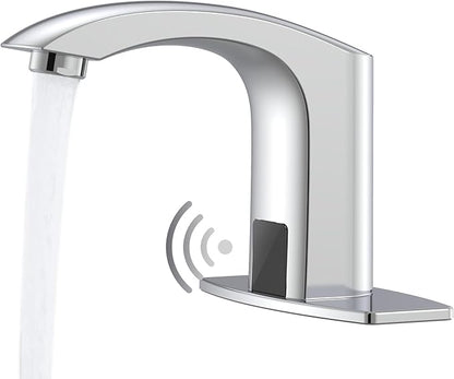 Touchless Bathroom Sink Faucet, Greenspring Automatic Sensor Faucet, Hands Free Vanity Faucets, Commercial Deck Mount Bathroom Faucet with Cover Plate, Chrome