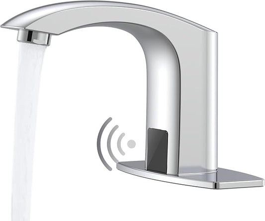 Touchless Bathroom Sink Faucet, Greenspring Automatic Sensor Faucet, Hands Free Vanity Faucets, Commercial Deck Mount Bathroom Faucet with Cover Plate, Chrome
