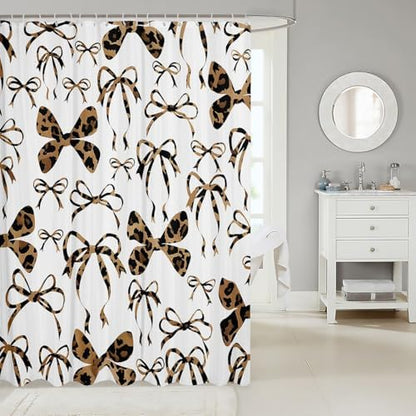 jejeloiu Cute Bowknot Shower Curtain for Bathroom Decor 72"x72" Brown Black Girls Bow Bath Curtain Kawaii Leopard Bathroom Accessories Waterproof Polyester Fabric for Stalls Bathtubs Princess Decor