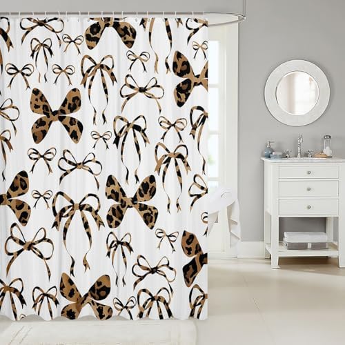 jejeloiu Cute Bowknot Shower Curtain for Bathroom Decor 72"x78" Brown Black Girls Bow Bath Curtain Kawaii Leopard Bathroom Accessories Waterproof Polyester Fabric for Stalls Bathtubs Princess Decor