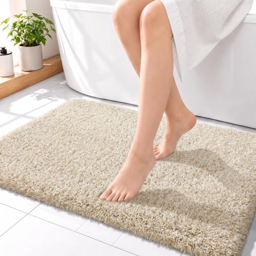 Yimobra Bathroom Rugs Non Slip Washable 36X24, Ultra Soft and Water Absorbent Bath Mats, Plush Fluffy Shower Mat Outside, Luxury Microfiber Thick Matts for Bathroom Floor/Tub, Light Beige and White
