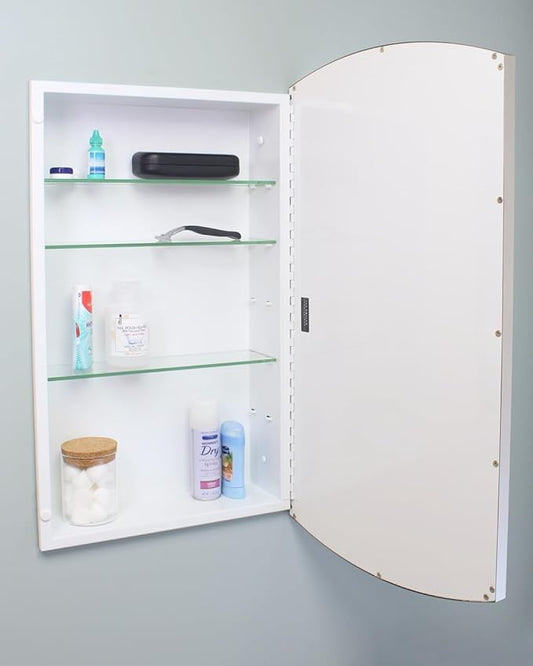Fox Hollow Furnishings 16x26 Harper Crescent Metal Framed Rectangle Recessed Bathroom Medicine Cabinet, Arced Mirror, 14x24 in-Wall Opening, Adjustable Glass Shelves, Magnet Close, Chrome