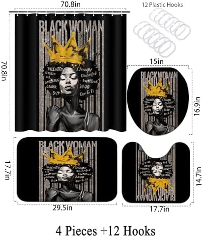 4Pcs Praying Black Queen Shower Curtain Set, Inspirational Quote African American Woman Shower Curtains with Rugs Toilet Lid Cover Bath Mat, Waterproof Fathers Day Bathroom Decor Sets