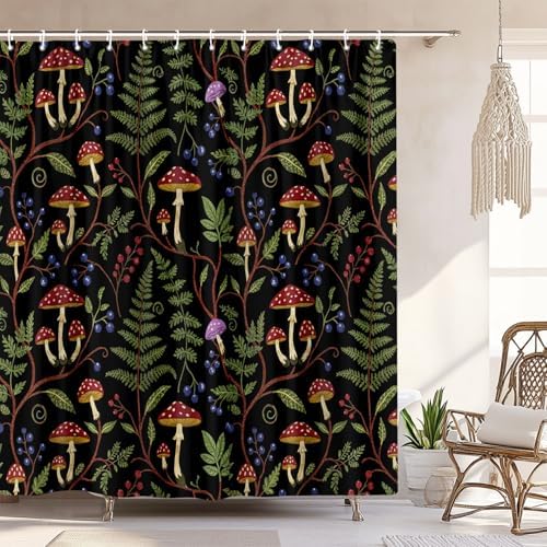 Boho Mushroom Shower Curtain, Rustic Vintage Dark Botanical Fern Forest Plant Leaves Nature Bath Curtain, Cute Black Cottagecore Aesthetic Woodland Bathroom Accessories with Hooks, 72 x 72 Red Green
