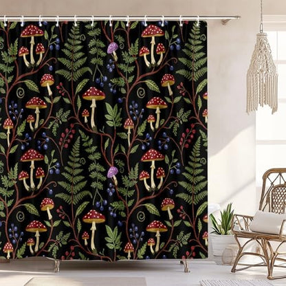 Boho Mushroom Shower Curtain, Rustic Vintage Dark Botanical Fern Forest Plant Leaves Nature Bath Curtain, Cute Black Cottagecore Aesthetic Woodland Bathroom Accessories with Hooks, 72 x 72 Red Green
