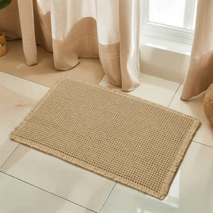 SUBRTEX Waffle Braided Bath Mat, 18" x 24" Soft Waffle Bath Rugs, Absorbent Non Slip Bathrooom Mats, Machine Washable Area Rug for Bathroom, Quick Dry, Khaki