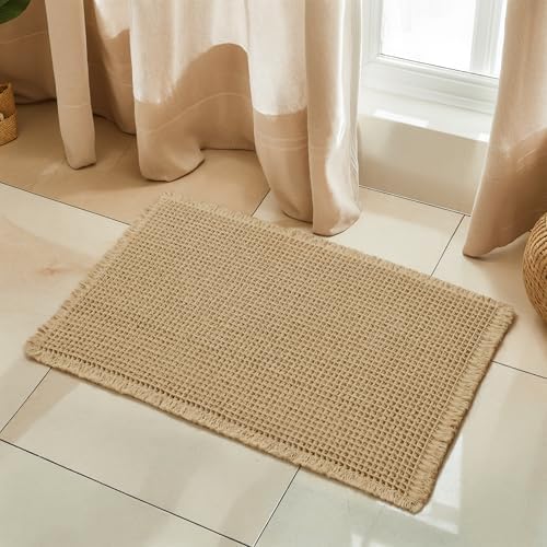 SUBRTEX Waffle Braided Bath Mat, 20" x 32" Soft Waffle Bath Rugs, Absorbent Non Slip Bathrooom Mats, Machine Washable Area Rug for Bathroom, Quick Dry, Khaki