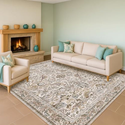 Moss 5x7 Living Room Area Rug, Vintage Washable Rug for Bedroom, Kitchen Table, Home Office, Oriental Brown Botanical Design, Low Pile Soft Carpet with Bird Pattern