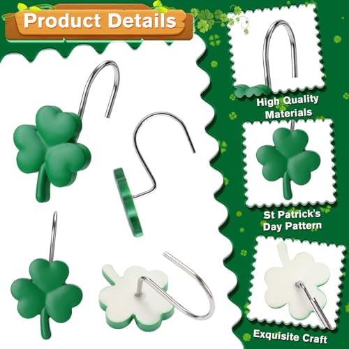 Thyle 12 Pcs St Patrick's Day Shamrock Shower Curtain Hooks, Green Shamrock Resin Ornament Rings Clover Shower Curtain Hooks Irish Decorative for Bathroom Bedroom Accessories