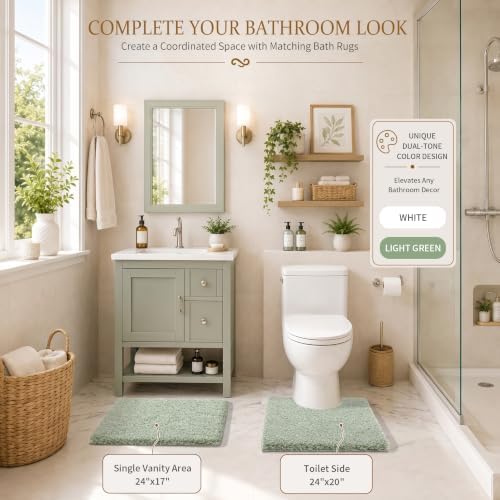 Yimobra Toilet Rugs U Shaped Washable 24X20, Ultra Soft and Water Absorbent Bath Mats, Non Slip Fluffy Shaggy Luxury Microfiber Contour Bath Rugs for Toilet, Dry Quick, Light Green and White